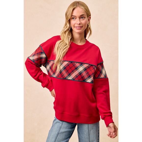 BIBI Red Black Christmas Plaid Block Sweatshirt with Binding NEW Snall - Picture 2 of 9